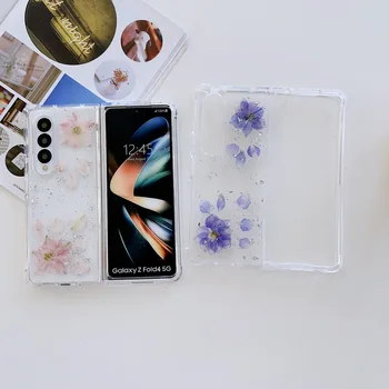 Блестящие Пайетки Из Настоящего Сушеного Цветка Прозрачный Чехол Для Телефона Samsung Galaxy Z Fold 4 3 5G Прозрачный Противоударный Жесткий Защитный Чехол