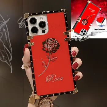 Модный Дизайнерский Чехол с Бриллиантовой Розой Для Xiaomi Redmi Note 11 PRO 10 PRO MAX 8 9A 9C 10 10A 10C POCO X3 M4 Квадратная Крышка Телефона