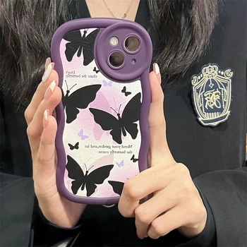 Градиентный фиолетовый чехол с бабочкой из мягкой кожи для iPhone 14 13 11 12 Pro Max, корейский стильный чехол с надписью Soft Silicone Cover Shell