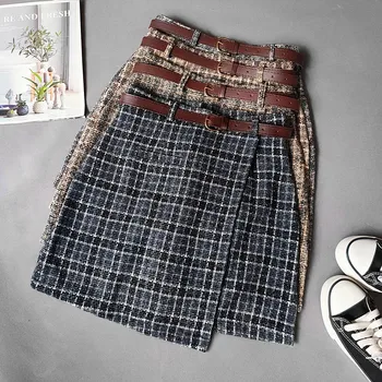 Корейская нерегулярная Женская юбка, женская осенняя милая мини-юбка трапециевидной формы с высокой талией, Винтажная Повседневная Женская юбка в клетку, Шикарные пояса