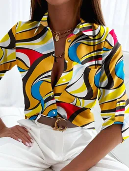 Блузки с принтом с длинным рукавом для женщин 2023 Новая мода Отложной воротник Плюс Размер Элегантные Повседневные топы Офисная рабочая одежда Женская рубашка