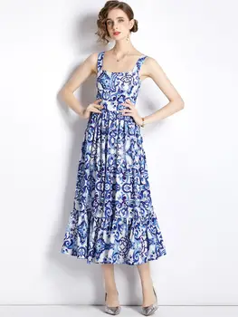 Летнее модное Богемное пляжное платье с бело-голубым фарфоровым принтом, женское платье на бретельках с открытой спиной, праздничное длинное платье