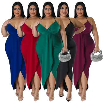 2023 Сексуальное женское платье-спагетти для пляжных каникул Плюс размер 4XL с V-образным вырезом без рукавов, нерегулярные эластичные вечерние платья