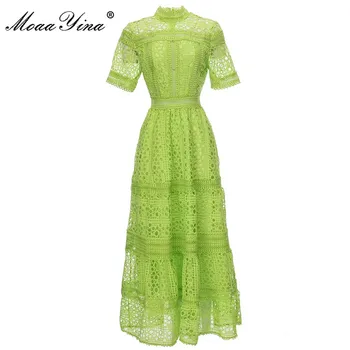 Модное дизайнерское платье MoaaYina Летнее женское платье с воротником-стойкой, коротким рукавом, открытыми плечами, однотонные повседневные платья для отпуска
