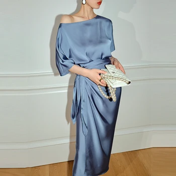 Элегантные женские пояса-Буле, Асимметричное Атласное вечернее платье Макси 2023, Летние Модные Офисные женские Однотонные Свободные Длинные платья
