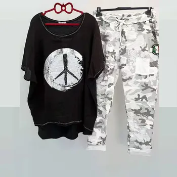 Летний свободный женский комплект из двух предметов 2023, футболка, Брюки с камуфляжным шнурком, свободная посадка, асимметричный наряд, уличная одежда