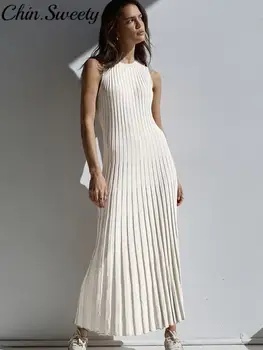 Вязаное женское платье трапециевидной формы без рукавов с круглым вырезом, однотонные элегантные женские платья в складку, летние повседневные платья 2023 года для женщин