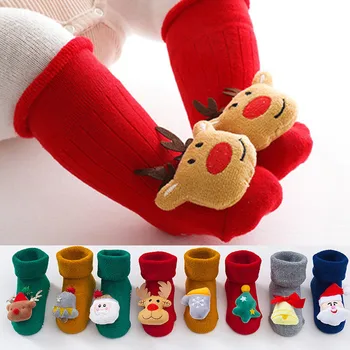 Рождественские носки для мальчиков и девочек, новорожденный малыш, зима-осень, теплый нескользящий напольный носок с декором в виде Санта-Клауса и снеговика