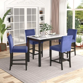 Современный обеденный стол высотой со столешницу из 5 предметов с 4 обеденными стульями с мягкой обивкой, белый стол из искусственного мрамора + синие стулья