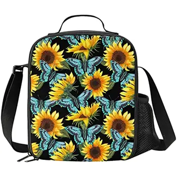 Детская изолированная сумка для ланча Butterfly Sunflower Blue, большая симпатичная термосумка, созданная по образцу школьных сумок для ланча с плечевым ремнем