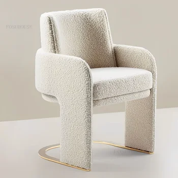 Обеденные стулья из овечьей шерсти в скандинавском стиле, мебель для столовой с металлическими ножками, Креативный домашний стул со спинкой, Роскошные ресторанные стулья