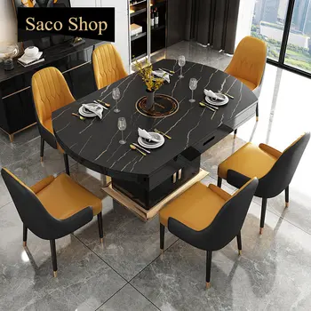 Практичная черно-белая каменная плита, Длинный обеденный стол, Набор домашней мебели для маленькой гостиной, 6 стульев, Аксессуары для интерьера в стиле лофт