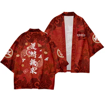 Весенне-летняя пара с принтом Самурайское кимоно в японском стиле, брючный костюм, уличная одежда, мужской Женский кардиган, японская одежда в стиле харадзюку