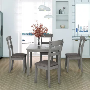 Обеденный стол из 5 предметов, промышленный деревянный кухонный стол и 4 стула для столовой, мебель для столовой в винтажном стиле серого цвета