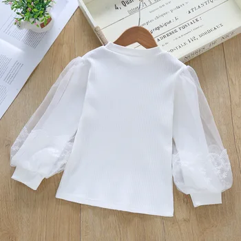 Новое поступление, весенне-осенняя детская одежда, однотонная одежда для девочек, от 3 до 10 лет, белая одежда, кружевная рубашка