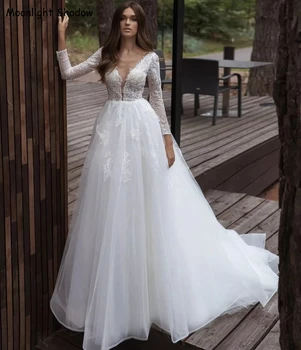 Элегантное свадебное платье Трапециевидной формы с V-образным вырезом и длинными рукавами, кружевные аппликации с блестками, платье невесты со шлейфом, Vestidos De Noiva, Белое, Слоновая кость