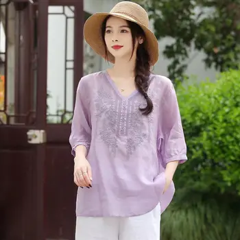 Новая женская элегантная блузка в китайском стиле, хлопковый льняной топ, женская вышивка с V-образным вырезом, улучшенные комбинезоны, блузка Hanfu Top