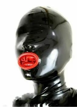 100% Натуральный латекс, сексуальный черный капюшон, полностью закрывающий голову, маска-презерватив, удобные фиксаторы