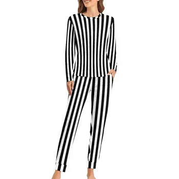 Пижама в черно-белую полоску с принтом вертикальных линий, Модный Домашний костюм, Осень, 2 предмета, Повседневные пижамные комплекты большого размера