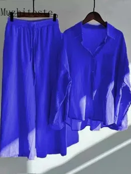 Хлопчатобумажная рубашка Оверсайз от Woen's из 2 предметов Плюс брюки с завышенной талией, Костюм Woen's, Комплект из двух модных предметов для спортивного костюма Woen's
