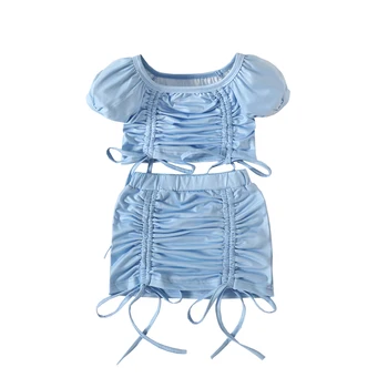 Летняя одежда для маленьких девочек, милые однотонные плиссированные костюмы-двойки с рюшами на завязках, укороченные топы с короткими пышными рукавами + мини-юбка от 1 до 5 лет