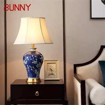 Настольные лампы из латуни BUNNY, синий керамический настольный светильник, роскошная современная ткань, декоративная для дома, гостиной, столовой, спальни