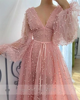Платье для выпускного вечера с V-образным вырезом и длинными рукавами, поясом из розового жемчуга, сексуальное вечернее платье vestido de graduacion