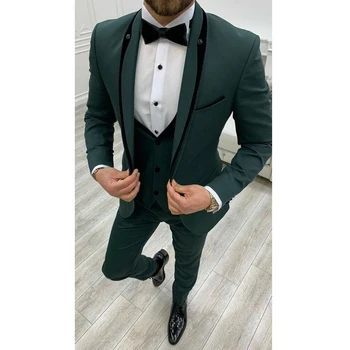 Мужской зеленый костюм из 3 предметов, элегантный свадебный костюм для выпускного вечера, приталенный смокинг, пальто, брюки, одежда