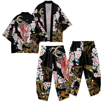 Плюс Размер 5XL 6XL Кимоно Кардиган Брюки Комплект Традиционный Японский Костюм Самурая Мужчины Женщины Принт Цветок Рыба Рубашка Хаори Юката