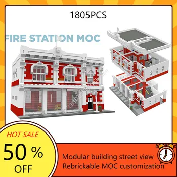 Пожарная станция, пожарная команда, Модульный MOC, Креативная модель с видом на улицу, Строительные блоки, архитектура, образование, Сборка, Игрушки, подарок