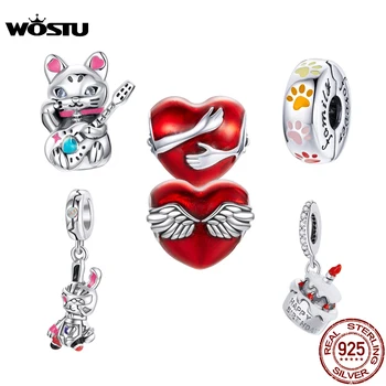 Бусины-талисманы Wostu из стерлингового серебра 925 пробы Love Forever Heart Fortune Cat подходят к оригинальному браслету Pan и ожерелью из серебра 925 пробы