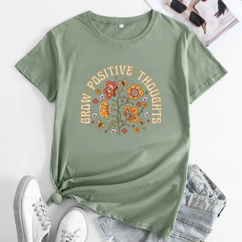 Выращивайте позитивные мысли, Ботаническую футболку, женские футболки в стиле бохо, вдохновляющую позитивность, футболку для эстетического психического здоровья, футболку-топ