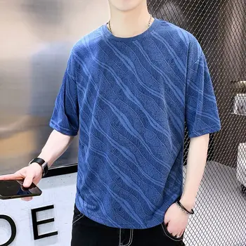 2023 Мужская Летняя Новая Корейская Свободная футболка с круглым вырезом, мужская Дышащая футболка из Ледяного шелка, Мужская Полосатая футболка с короткими рукавами H111