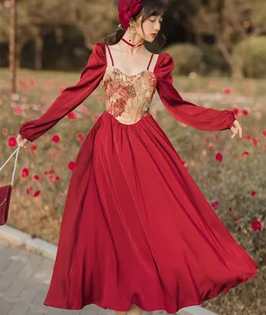 Ретро Картина маслом, Жаккардовое красное платье, Женское Винтажное платье принцессы с ремешком на шее и длинным рукавом, вечерний халат Rouge Femme