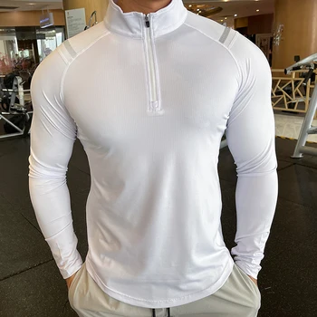 Мужская футболка для бега и фитнеса из спандекса с длинным рукавом, эластичные быстросохнущие рубашки для тренировок по бодибилдингу со стоячим воротником
