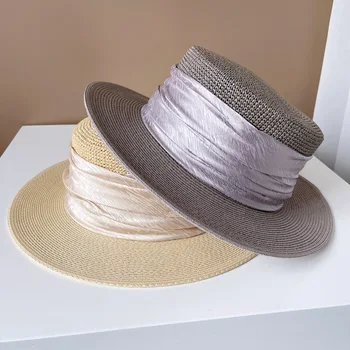 Французская элегантная шляпа с плоским верхом из сложенной ленты, женская летняя солнцезащитная соломенная шляпа, Дышащая вязаная крючком шляпа для бассейна, Приморская пляжная шляпа
