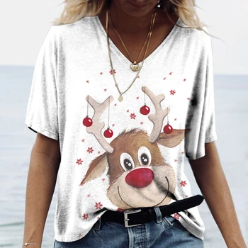 Женские новогодние футболки, футболка с изображением Рождественского лося, топы с V-образным вырезом в стиле харадзюку, 5xl 2022, модная забавная одежда большого размера