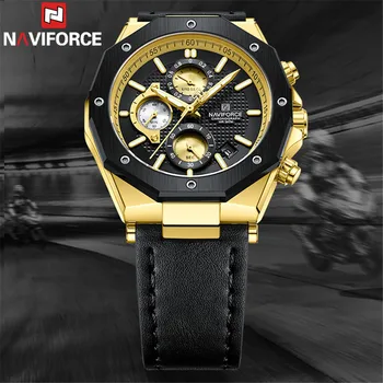Мужские часы NAVIFORCE, спортивные Мужские наручные часы, лучший бренд, Роскошный Золотой Военный хронограф, кварцевые мужские часы из натуральной кожи, подарок 8028