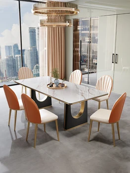 Сочетание легкого роскошного обеденного стола и стула, домашний прямоугольный современный минималистичный обеденный стол с креативной каменной доской