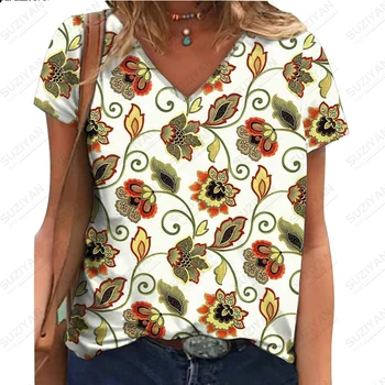 Женская минималистичная футболка летом 2023 года, новая женская футболка с короткими рукавами и цветочным 3D-принтом, женский повседневный свободный топ с V-образным вырезом