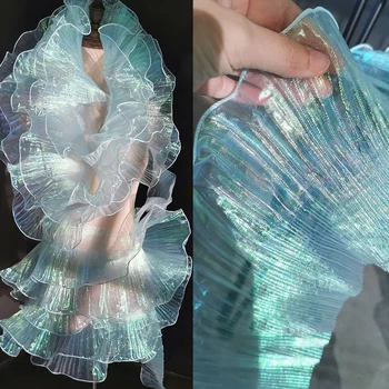 4-ярдовая Синяя Лазерная Крупная кружевная отделка, Прозрачные края с рюшами, градиент декоративной ткани из органзы 3D-складки для дизайнерского платья 