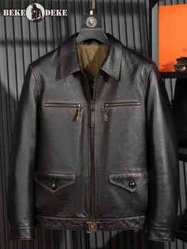 Мужская куртка пилота из натуральной кожи, размер 5XL, лацкан, длинный рукав, тонкое короткое пальто из воловьей кожи высокого качества, винтажная верхняя одежда-карго