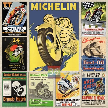 Плакат о винтажных гонках на мотоциклах Печать на холсте Винтажное настенное искусство на мотоциклах Картина Плакат двадцатого века 90-е Бар Домашний декор