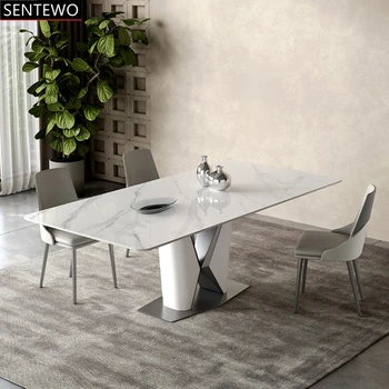 Дизайнерский роскошный обеденный стол из мраморной плиты 4 6 8 стульев mesa de jantar comedor tavolo мебель на золотой основе из нержавеющей стали