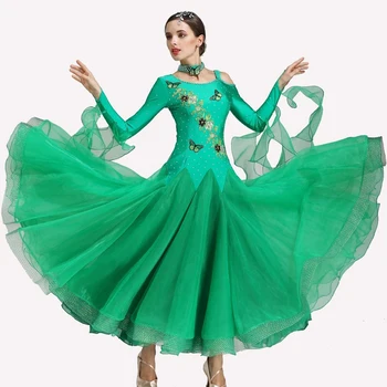 Зеленые платья для соревнований по бальным танцам платье для вальса с бахромой светящиеся костюмы стандартное бальное платье фокстрот для женщин
