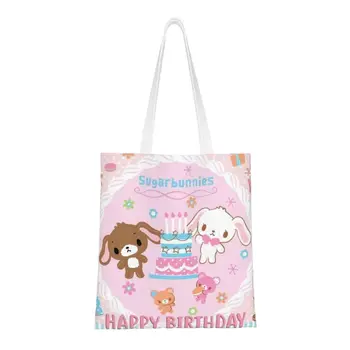 Сумки-тоут с принтом Kawaii Happy Birthday Sugarbunnies, прочные холщовые сумки для покупок с героями мультфильмов на плечо