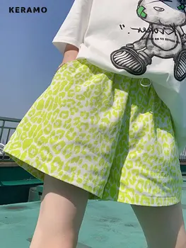 Летние уличные повседневные шорты в зеленый горошек с высокой талией Женские шорты Harajuku с эластичным поясом и карманами Свободные базовые шорты