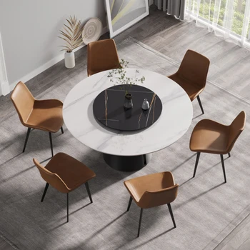 Круглый обеденный стол из современного искусственного камня с основанием из черной углеродистой стали 59,05 дюйма-вмещает 6 человек-Поворотный стол из черного камня 31,5 дюйма.