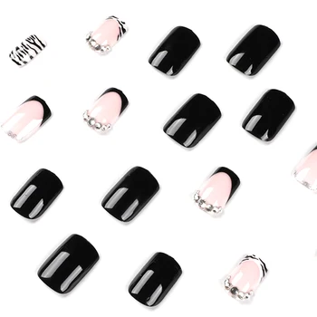 Розовые и черные стразы для декора накладных ногтей, милые и очаровательные многоразовые накладные ногти для украшения ногтей своими руками