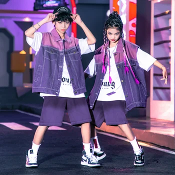 Детская одежда в стиле хип-хоп, подростковая уличная одежда, Фиолетовая рубашка, джинсовый жилет, повседневные широкие джинсовые шорты для мальчиков, танцевальный костюм для девочек, одежда для танцев